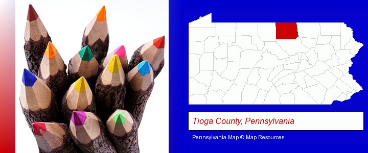 colored pencils; Tioga County, Pennsylvania highlighted in red on a map