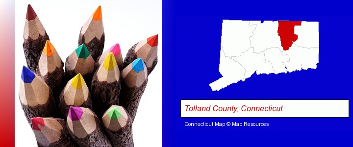 colored pencils; Tolland County, Connecticut highlighted in red on a map