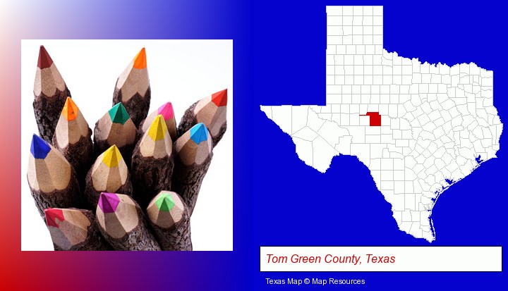 colored pencils; Tom Green County, Texas highlighted in red on a map
