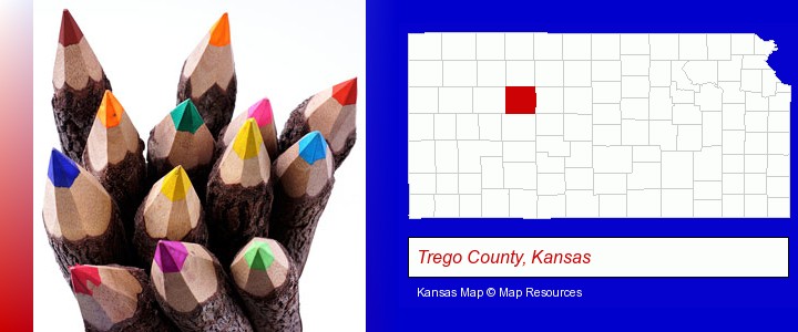 colored pencils; Trego County, Kansas highlighted in red on a map