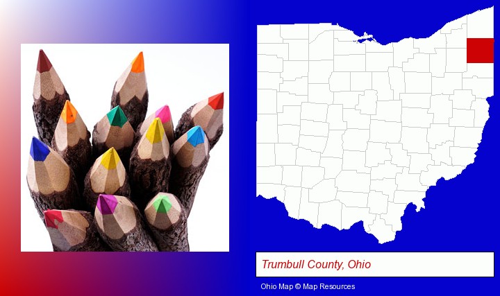 colored pencils; Trumbull County, Ohio highlighted in red on a map