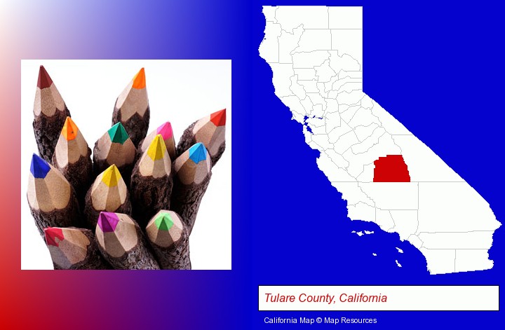 colored pencils; Tulare County, California highlighted in red on a map