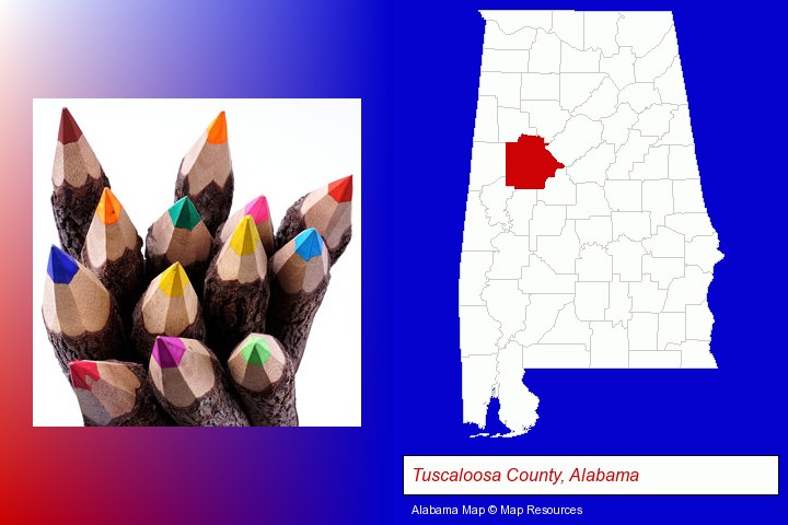 colored pencils; Tuscaloosa County, Alabama highlighted in red on a map