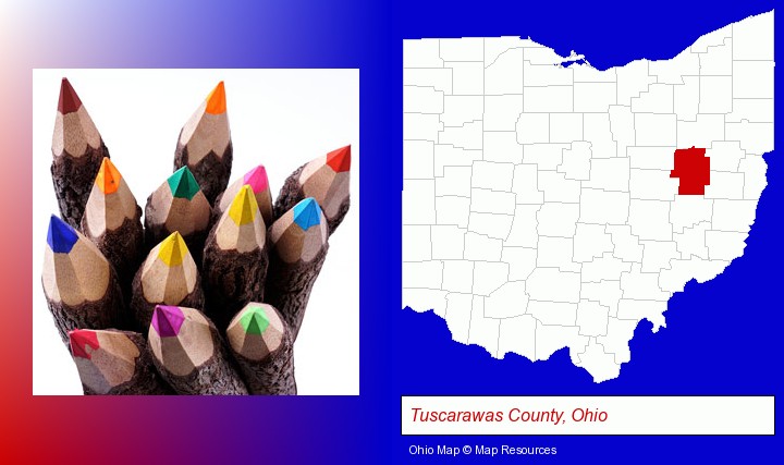 colored pencils; Tuscarawas County, Ohio highlighted in red on a map