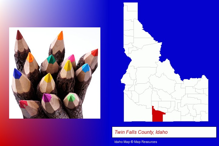 colored pencils; Twin Falls County, Idaho highlighted in red on a map