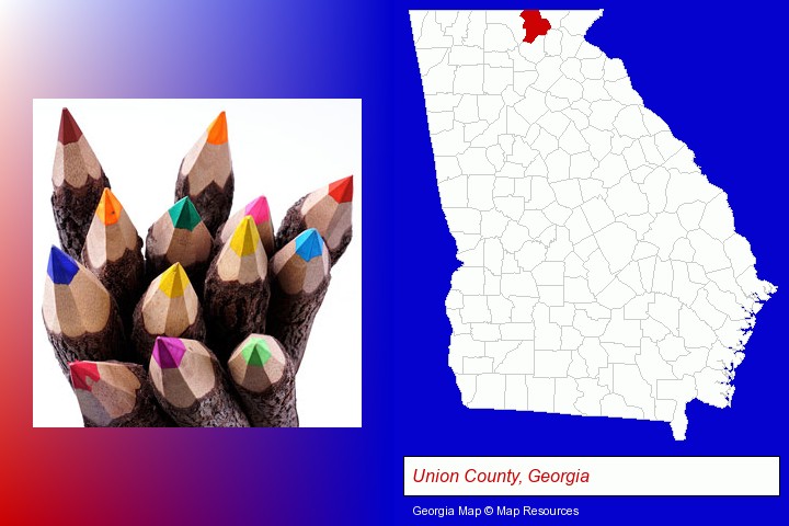 colored pencils; Union County, Georgia highlighted in red on a map