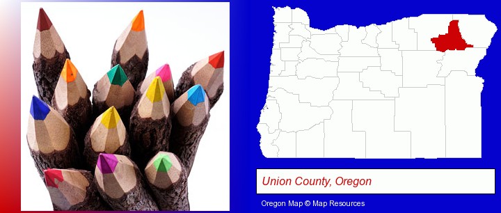 colored pencils; Union County, Oregon highlighted in red on a map