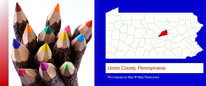 colored pencils; Union County, Pennsylvania highlighted in red on a map