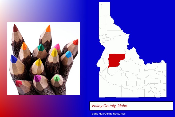 colored pencils; Valley County, Idaho highlighted in red on a map