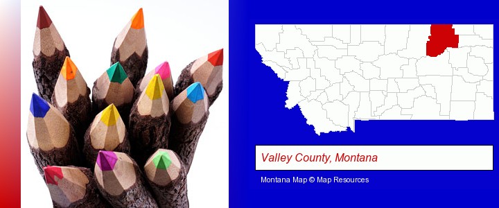 colored pencils; Valley County, Montana highlighted in red on a map