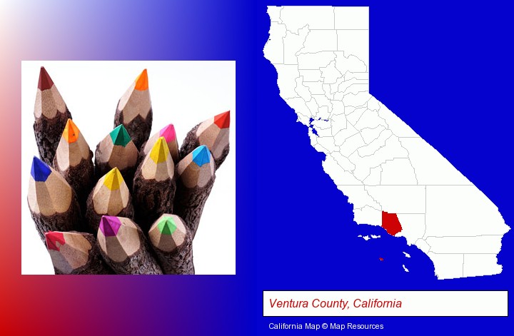colored pencils; Ventura County, California highlighted in red on a map