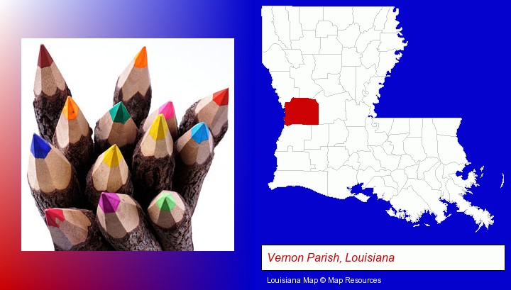 colored pencils; Vernon Parish, Louisiana highlighted in red on a map