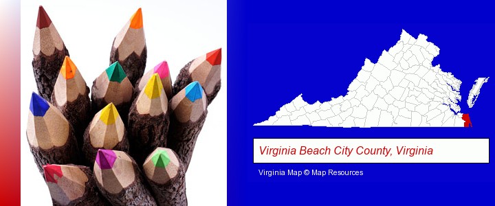 colored pencils; Virginia Beach City County, Virginia highlighted in red on a map