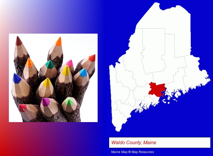colored pencils; Waldo County, Maine highlighted in red on a map