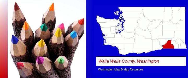 colored pencils; Walla Walla County, Washington highlighted in red on a map