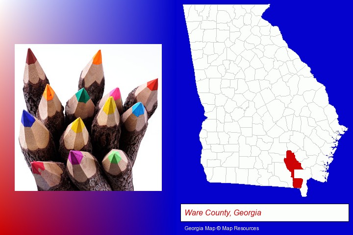 colored pencils; Ware County, Georgia highlighted in red on a map