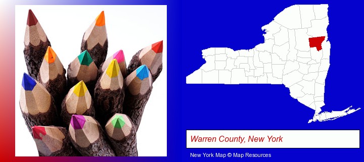 colored pencils; Warren County, New York highlighted in red on a map