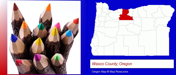 colored pencils; Wasco County, Oregon highlighted in red on a map