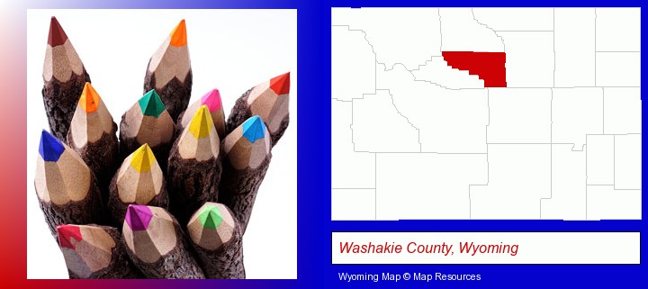 colored pencils; Washakie County, Wyoming highlighted in red on a map