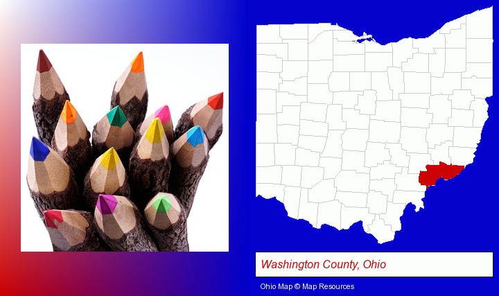 colored pencils; Washington County, Ohio highlighted in red on a map