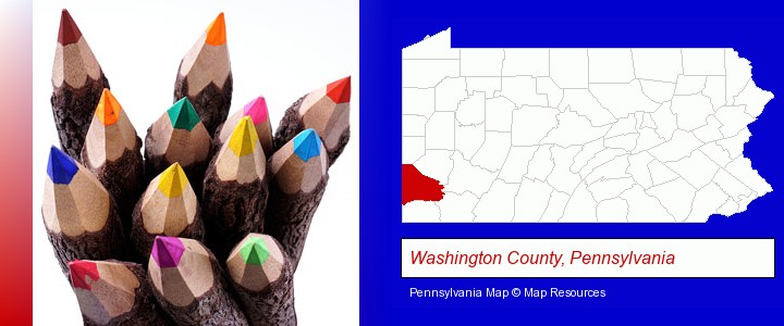 colored pencils; Washington County, Pennsylvania highlighted in red on a map