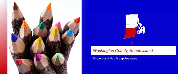 colored pencils; Washington County, Rhode Island highlighted in red on a map