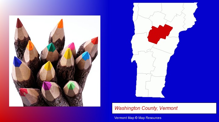 colored pencils; Washington County, Vermont highlighted in red on a map