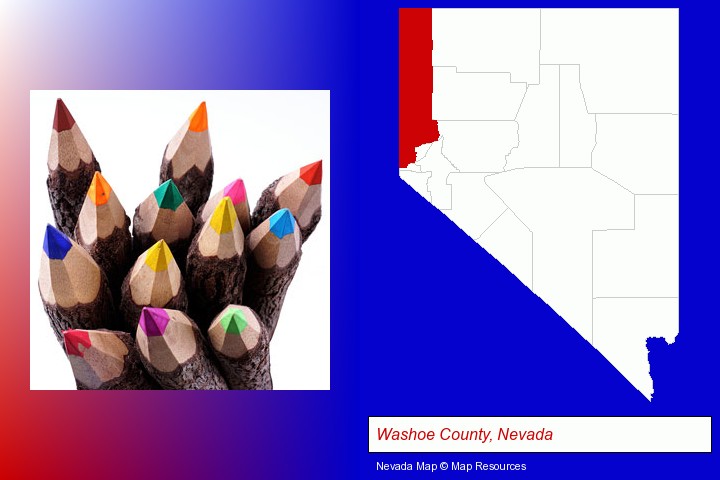 colored pencils; Washoe County, Nevada highlighted in red on a map