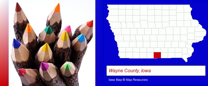 colored pencils; Wayne County, Iowa highlighted in red on a map