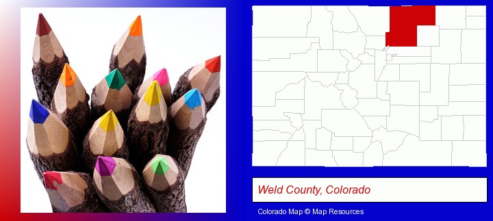 colored pencils; Weld County, Colorado highlighted in red on a map