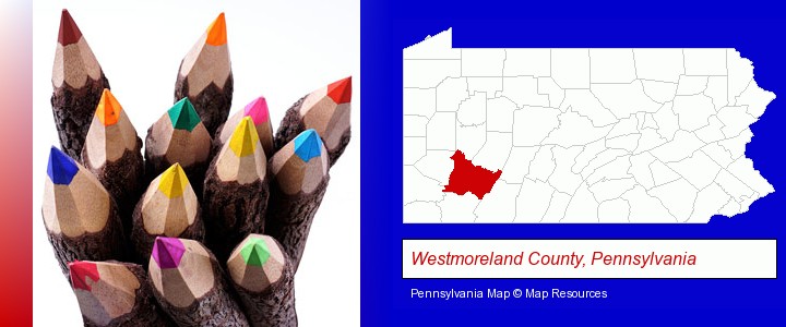 colored pencils; Westmoreland County, Pennsylvania highlighted in red on a map