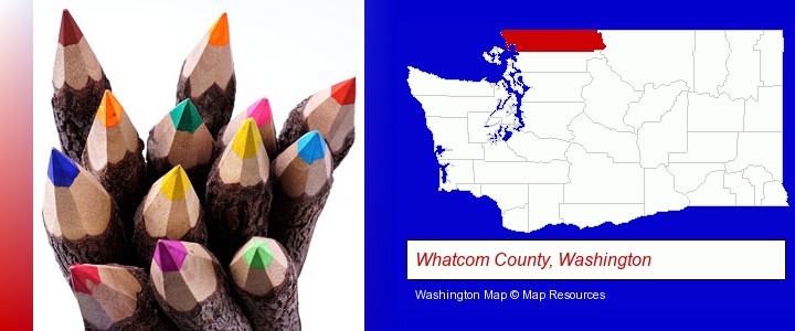 colored pencils; Whatcom County, Washington highlighted in red on a map