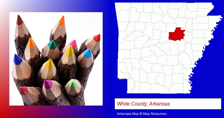 colored pencils; White County, Arkansas highlighted in red on a map