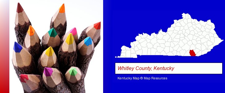 colored pencils; Whitley County, Kentucky highlighted in red on a map
