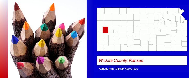 colored pencils; Wichita County, Kansas highlighted in red on a map