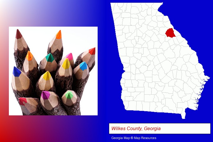 colored pencils; Wilkes County, Georgia highlighted in red on a map