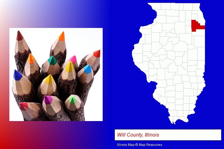 colored pencils; Will County, Illinois highlighted in red on a map
