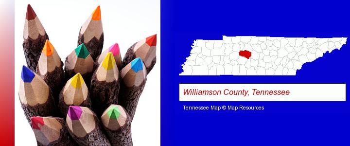 colored pencils; Williamson County, Tennessee highlighted in red on a map