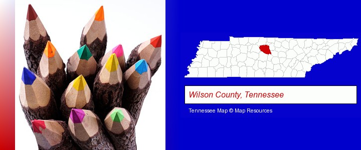 colored pencils; Wilson County, Tennessee highlighted in red on a map