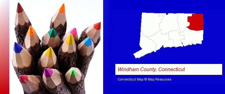 colored pencils; Windham County, Connecticut highlighted in red on a map