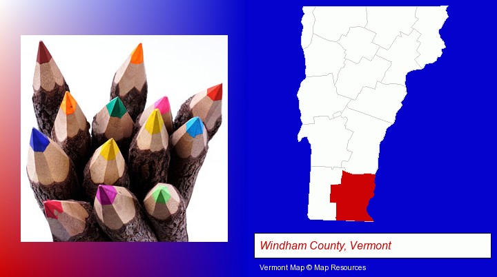 colored pencils; Windham County, Vermont highlighted in red on a map