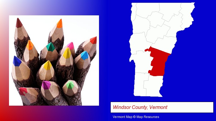 colored pencils; Windsor County, Vermont highlighted in red on a map