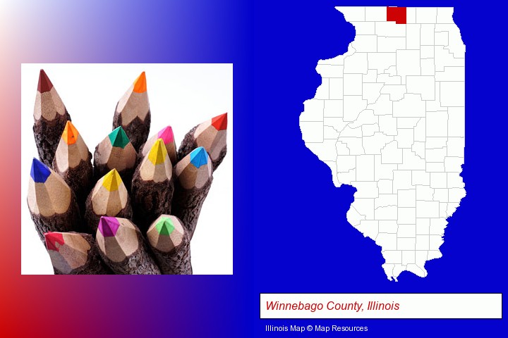 colored pencils; Winnebago County, Illinois highlighted in red on a map