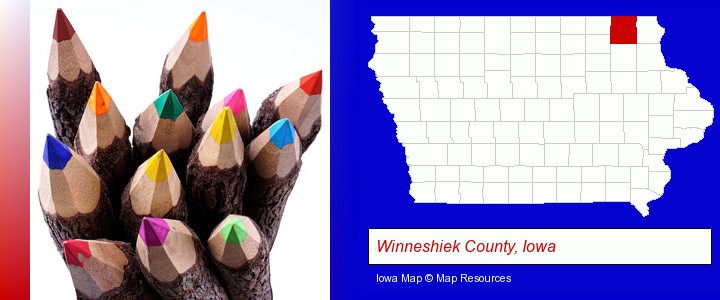 colored pencils; Winneshiek County, Iowa highlighted in red on a map