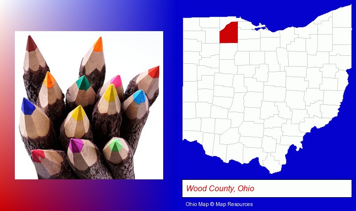 colored pencils; Wood County, Ohio highlighted in red on a map