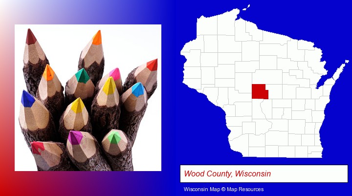 colored pencils; Wood County, Wisconsin highlighted in red on a map