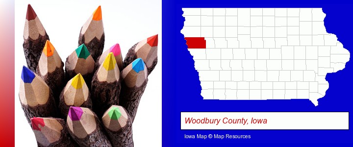 colored pencils; Woodbury County, Iowa highlighted in red on a map