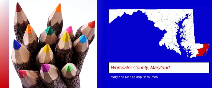 colored pencils; Worcester County, Maryland highlighted in red on a map