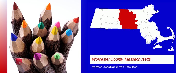 colored pencils; Worcester County, Massachusetts highlighted in red on a map