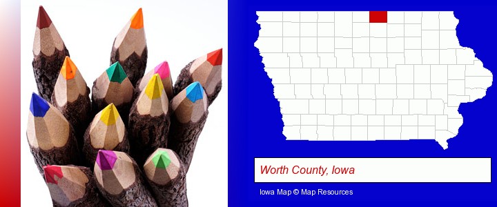 colored pencils; Worth County, Iowa highlighted in red on a map